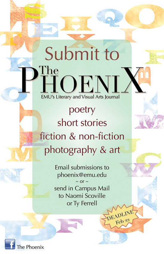 Poster designed by Karla Hovde for The Phoenix Literary and Visual Arts Journal Call for Submissions